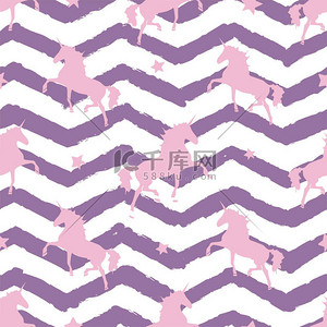 条纹紫色背景图片_粉红色剪影独角兽。条纹紫色背景。无缝模式