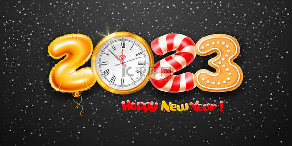 Merry Christmas and Happy New Year 2023. Creative greeting with digits 2023 made of golden foil balloon, vintage clock, gingerbread and candy cane. Snowfall on the background. Vector illustration