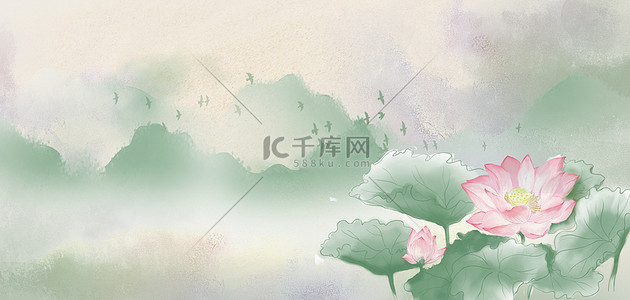 荷叶荷花水墨背景图片_荷花花朵绿色水墨中国风背景