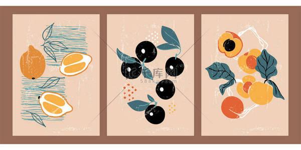 一套手绘的水果依然生机勃勃.夏天秋天的收获带有柠檬、李子、桃的简约抽象背景。有机自然图解。古旧的抽象海报.