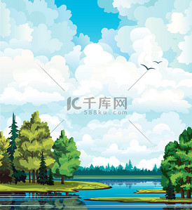 白summer背景图片_Summer landscape with forest, trees, lake
