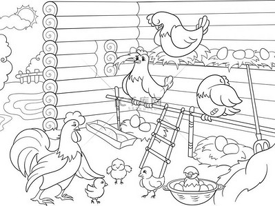内政和鸟类在鸡舍着色的儿童生活的卡通矢量图