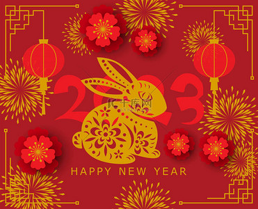 2023年背景图片_新年快乐2023年。中国新年兔子的象征。中国背景。节日中国横幅与星座标志2023.红色，金色设计