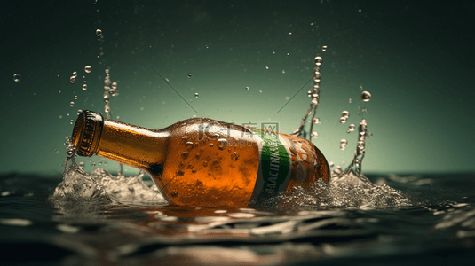 酒背景图片_一瓶啤酒被喷洒在水中创意背景