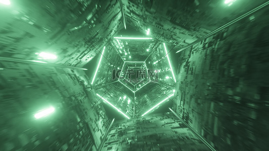 绿色充电免抠背景图片_在一个未来主义的技术数字霓虹灯隧道中无休止的飞行。 绿色照明。 3d说明