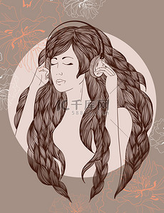 音乐背景图片_长头发的女孩喜欢听听音乐的耳机
