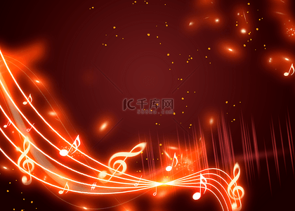 黄色的光效背景图片_音乐音符抽象光效深红色背景