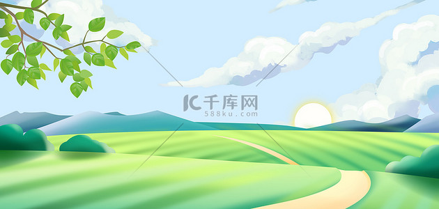 农村娃挑水的背景图片_乡村田间风景蓝色绿色清新卡通背景