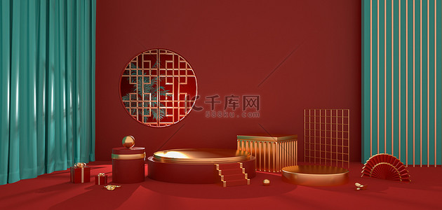 立体感几何背景图片_C4D几何红色中国风3D立体感