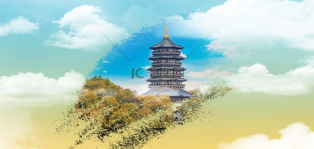 杭州会徽背景图片_杭州雷峰塔经典渐变黄色简约背景