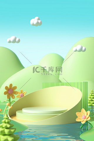 展台背景图片_春季卡通电商展台c4d