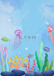 水母水族馆背景图片_海洋生物蓝色渐变水彩明亮海底背景