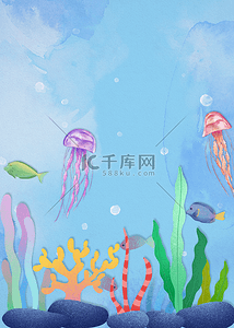 潜水游泳背景图片_海洋生物蓝色渐变水彩明亮海底背景