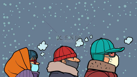 冬天戴口罩的人在寒冷中，在季节里流行。Coronavirus流行病