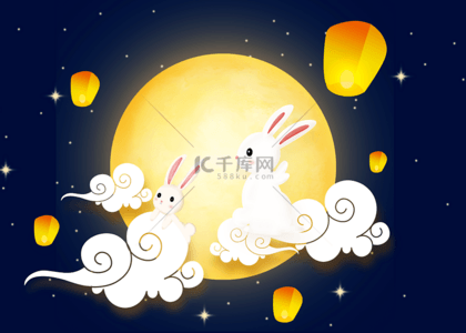 蓝色地球云背景图片_中秋节月亮兔子质感背景
