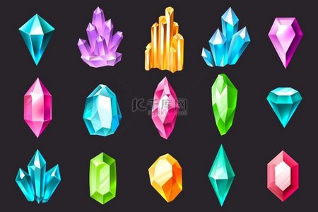 卡通水晶五颜六色的珠宝宝石宝石奢华的水晶石笋和钟乳石石英蓝宝石和紫水晶宝石矢量套装卡通水晶五颜六色的珠宝宝石宝石水晶石笋和钟乳石石英