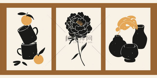 一组三幅抽象的简约美学花卉插图.背景浅的植物的黑色轮廓。用于社交媒体的现代单色矢量海报，老式风格的网页设计.