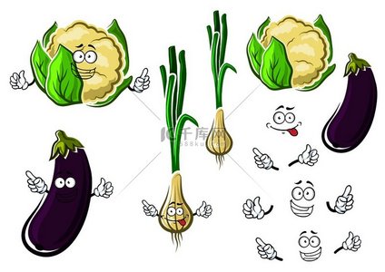 新鲜的花椰菜、大葱和紫色茄子蔬菜卡通人物，带有多汁明亮的叶子，适合烹饪、素食或农业设计。