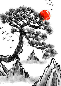 冬季水墨插画背景图片_松树山峰树木云朵水墨背景