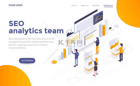 现代平面设计的等距概念的 Seo 分析团队的网站和移动网站。登录页模板。易于编辑和自定义。矢量插图