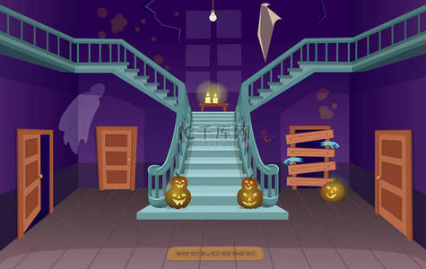 Halloween背景图片_Scary house with stairs, ghosts,  doors, pumpkins. Halloween artoon vector illustration.