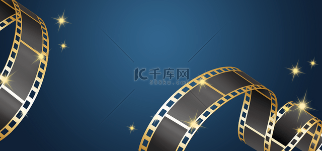 腾讯影视logo背景图片_电影胶卷黑金色质感光效深蓝色渐变背景