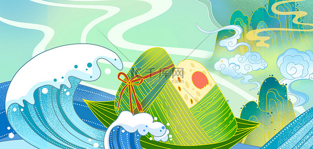 端午节气背景图片_端午节山水绿色中国风节气海报