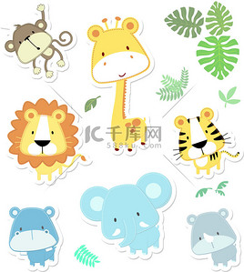cartoon背景图片_cartoon illustration of seven baby animals and jungle leaves