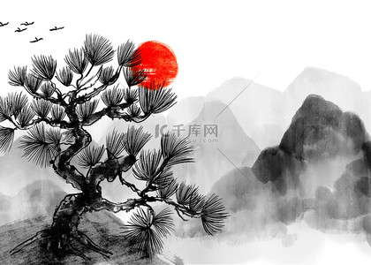 水墨莲花背景图片_松树红色日出水墨背景