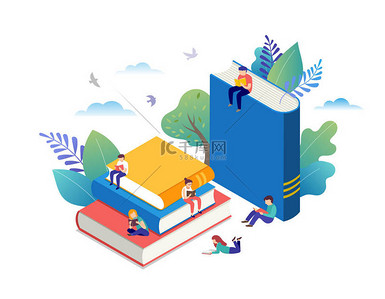 书籍节概念-一组微小的人在阅读一本巨大的开放的书。矢量插图、海报和横幅