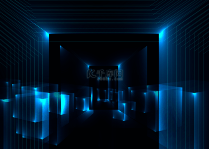 科技炫酷蓝背景图片_立方体立体六面体发光光效蓝光背景