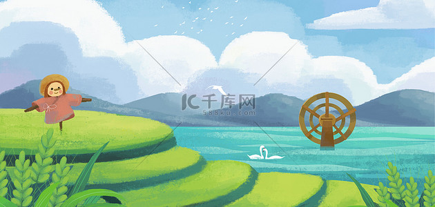 夏季蓝色手绘背景图片_小满稻谷蓝色手绘风节气背景