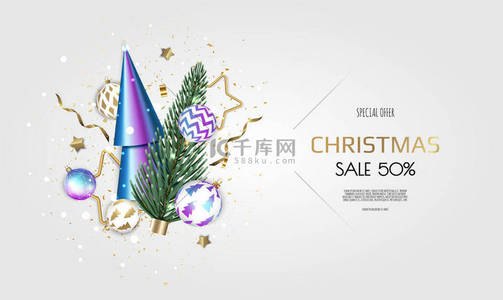 2023蓝色背景背景图片_圣诞快乐，新年快乐。圣诞节背景，现实的3D物体，蓝色和金色的球，圆锥形的圣诞树。浮选落差设计构成.