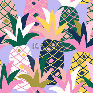 现代无缝向量热带多彩的模式与菠萝。可用于印刷纸张、贴纸、徽章、双面胶、卡片、纺织品等. 