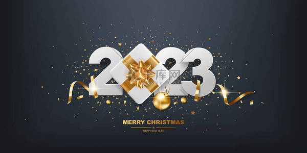 Happy New Year 2023. White paper numbers with golden ribbons, gift box and confetti on a black background.