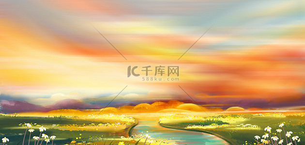 黄色油画背景背景图片_油画天空花草黄色手绘背景