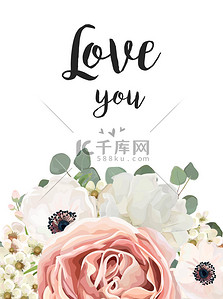 花卉邀请卡背景图片_矢量花卉设计卡。白玫瑰花粉红色的海葵, 蜡桉树枝, 叶绿色植物混合。问候, 婚礼邀请模板。框角边框与 