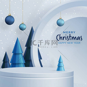 蓝节日背景图片_圣诞快乐，新年快乐，节日或节日，用蓝纸剪彩艺术和工艺，以节日元素为背景的圆形舞台风格