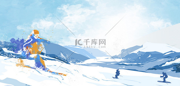运动卡通背景图片_冬季运动会雪山蓝色卡通背景
