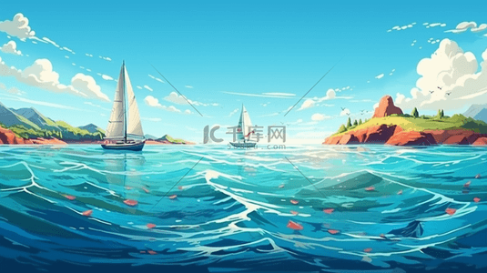 清凉海边背景图片_夏日清新海上帆船航行大场景