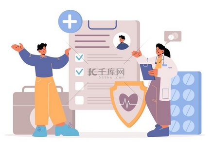 具有微小医生和患者特征的健康保险医疗概念与医院或诊所的医疗服务清单和盾牌站在巨大的政策合同中，线条艺术矢量插图。