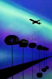 飞机夜间背景图片_ 景观与树木和飞行飞机在夜间