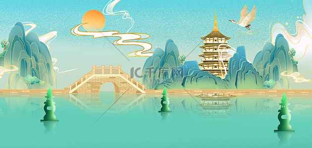 杭州凉亭背景图片_杭州西湖绿色国潮背景