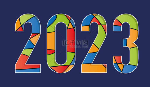 2023年，黑色底色上有红色、蓝色、黄色和绿色的几何图形.