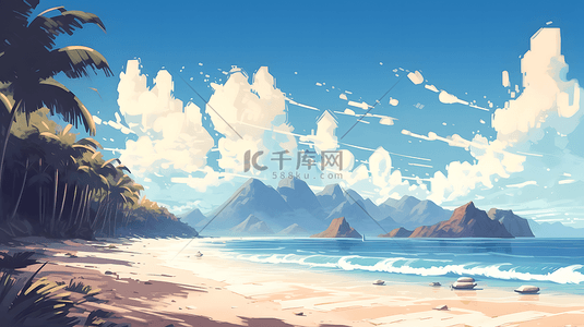 蓝色大海大海背景图片_蓝色大海海浪沙滩背景插画