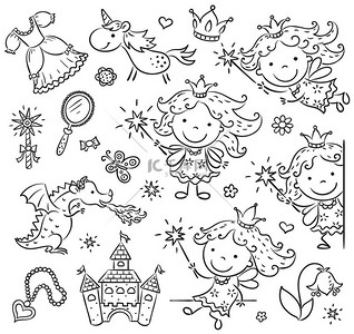 麒麟背景图片_设有一座城堡、 麒麟、 龙和配件的小卡通童话
