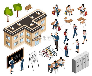 等距学校建筑设置有孤立的课桌和储物柜图标，并带有学生和教师角色矢量插图。