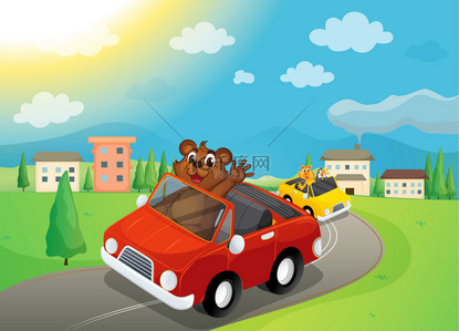 汽车背景背景图片_熊和汽车