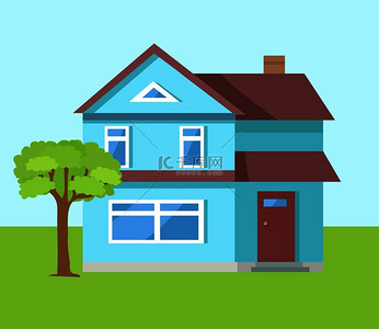 三层楼的蓝色房子，棕色前门，一楼大窗户矢量图上绿色草坪风景与树。