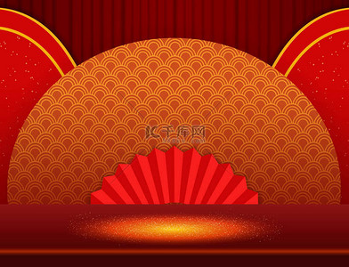 以舞台、亚洲元素和粉丝为代表的红色背景的矢量中国新年图解